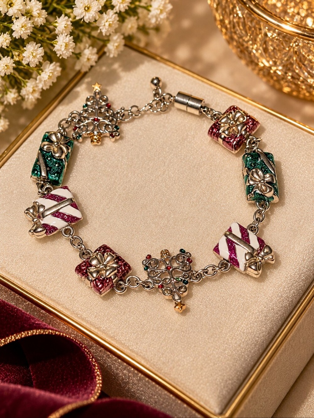 Nancy and Rise NY Festive Holiday Charm Bracelet in Green, Red & White